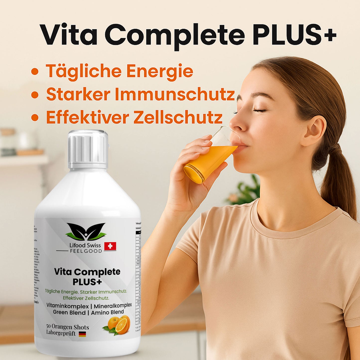 Lifood Swiss, Vita Complete PLUS+ 50 vegane Shots - Fresh Orange - 500ml