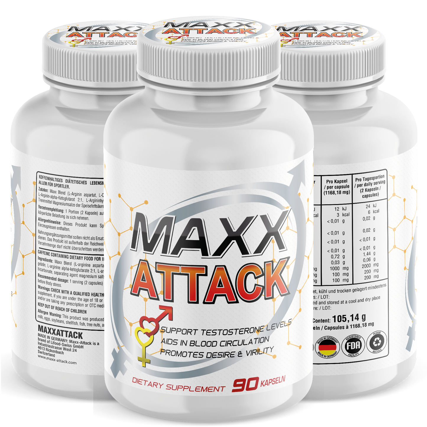 Maxx Attack – Nahrungsergänzung mit L-Arginin, Citrullin & Koffein zur Unterstützung der Gefäßfunktion (90 Kapseln)