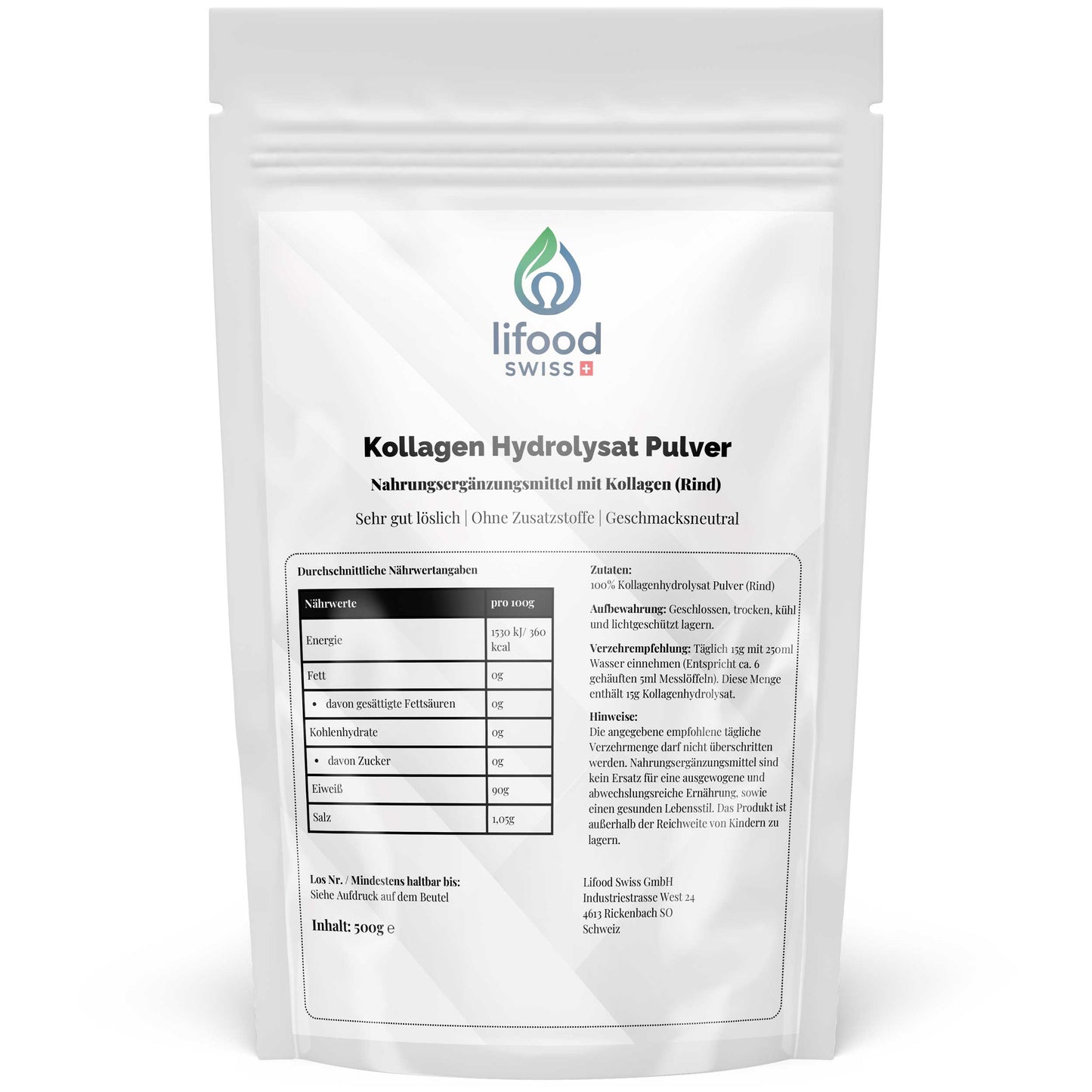 Lifood Swiss, Kollagen Hydrolysat Pulver - 500g Kollagen Peptide Typ 1 und Typ 3