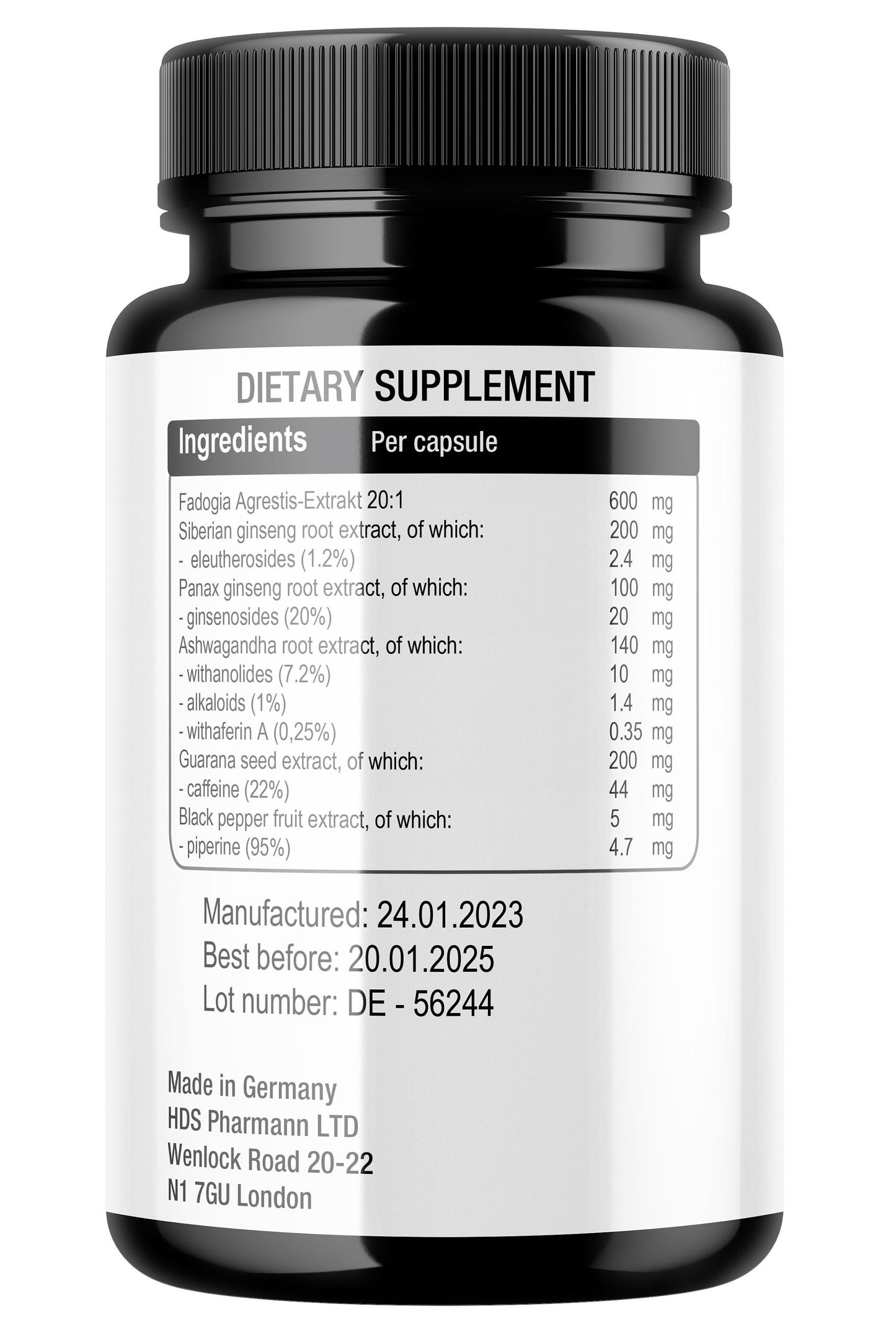 Fadogia Agrestis Komplex | Mit Ashwagandha Ginseng Guarana Piperin | Vegane Kapseln | Ohne Zusatzstoffe | Handmade Deutschland | HDS Pharman