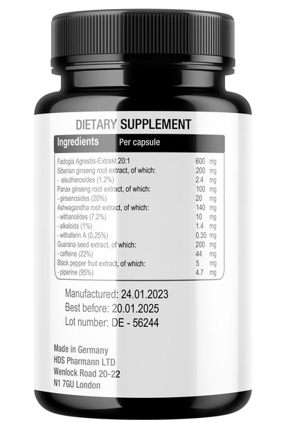 Fadogia Agrestis Komplex | Mit Ashwagandha Ginseng Guarana Piperin | Vegane Kapseln | Ohne Zusatzstoffe | Handmade Deutschland | HDS Pharman