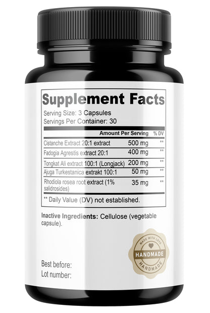 Cistanche Complex 500 mg | Tubulosa Extrakt 20:1 | Fadogia Agrestis | Tongkat Ali | Vegan | Ohne Zusatzstoffe | Laborgeprüft | HDS Pharman