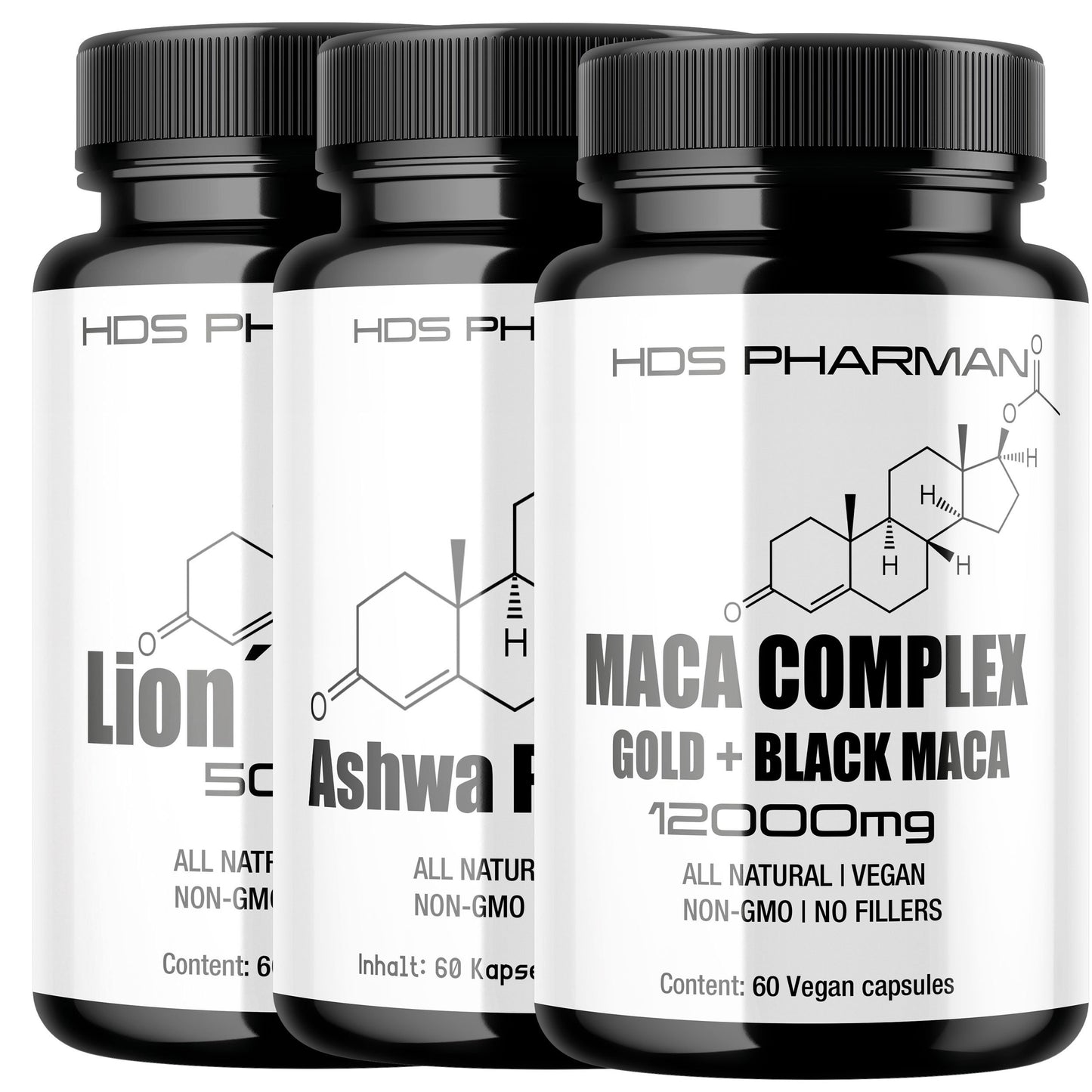 Vitality Trio | Lions Mane Maca Ashwagandha | Vegane Kapseln | Adaptogen Komplex | Ohne Zusatzstoffe | Handmade Deutschland | HDS Pharman