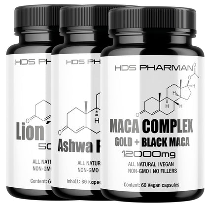 Vitality Trio | Lions Mane Maca Ashwagandha | Vegane Kapseln | Adaptogen Komplex | Ohne Zusatzstoffe | Handmade Deutschland | HDS Pharman