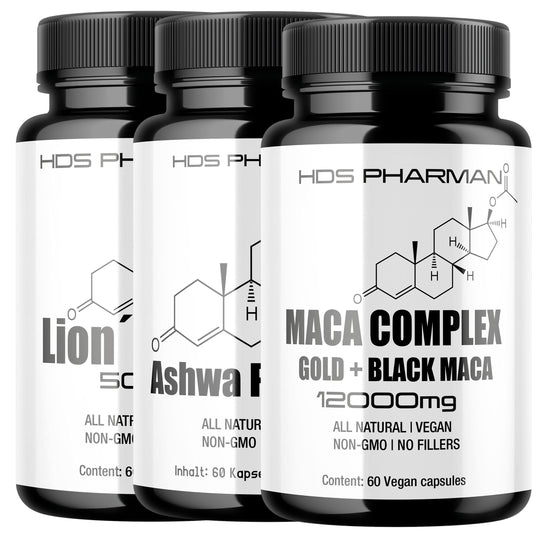 Vitality Trio | Lions Mane Maca Ashwagandha | Vegane Kapseln | Adaptogen Komplex | Ohne Zusatzstoffe | Handmade Deutschland | HDS Pharman