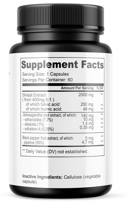 Power Shilajit | + Ashwagandha Schwarzer Pfeffer | 2000 mg hochdosiert | Fulvinsäuren Huminsäuren | Vegan | Ohne Zusatzstoffe | HDS Pharman
