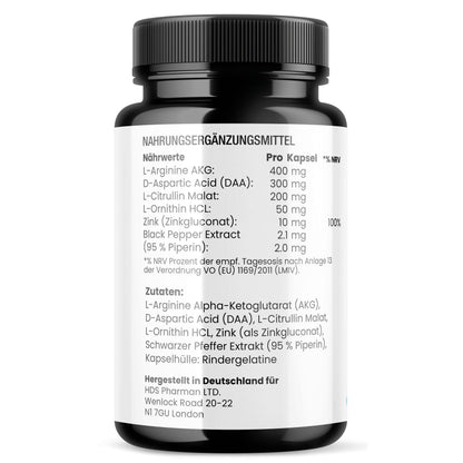 VASO MAX Nitric Oxide | Arginin Citrullin Ornithin Booster | Vegan Kapseln | Ohne Zusatzstoffe | Handmade Deutschland | HDS Pharman